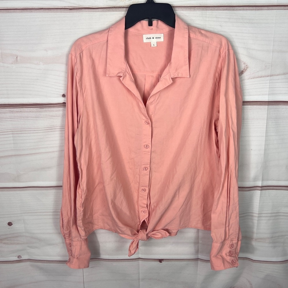 Cloth & Stone Top Womens L Orange Button Up Shirt Tie Waist Long Sleeve Collared
